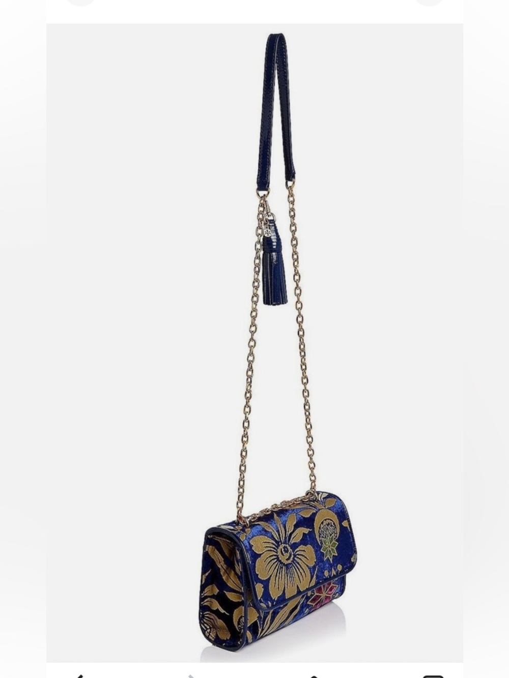 Tory Burch Fleming Floral velvet Convertible Small Shoulder Bag gold blue